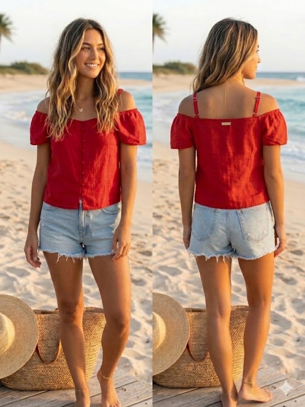 Billabong Red Off-the-Shoulder Button-Down Linen Crop Top Size: Small